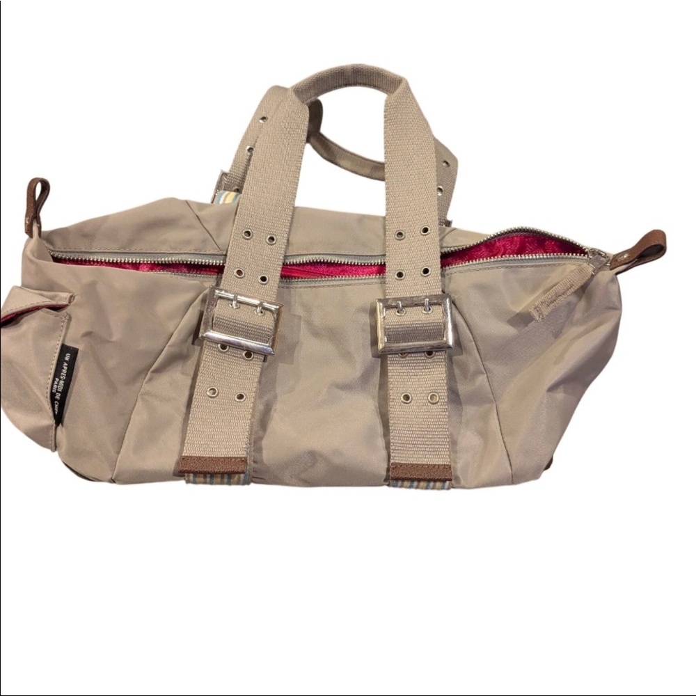 Un Apres-Midi De Chien Paris Nylon Satchel Bag Taupe Pink Lining Buckle Detail